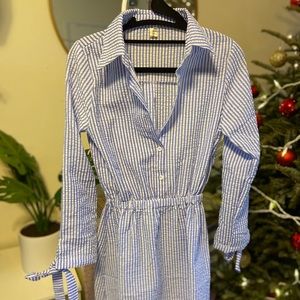 Blue and White Stripe Seersucker Mini Shirt Dress